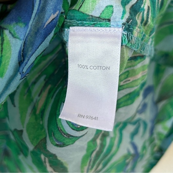 J. Jill Women’s Pop Over Top Medium Blue Green 1/3 Button 3/4 Sleeves Palm Tree - Picture 4 of 8
